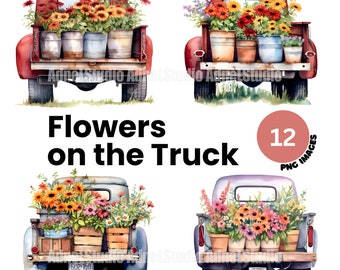 Flower Farm Truck Clipart - Watercolor Flower Truck PNG, Cottagecore Clipart, Floral Farm Truck PNG, Cottage Life PNG, Vintage Farm Truck
