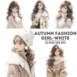 Autumn Fashion Girl Clipart: White Anime PNG Stickers (Digital Download)