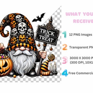 May include: A Halloween gnome with a black and orange hat decorated with skulls, holding a pumpkin bucket filled with candy. The gnome is standing next to a sign that says "Trick or Treat".