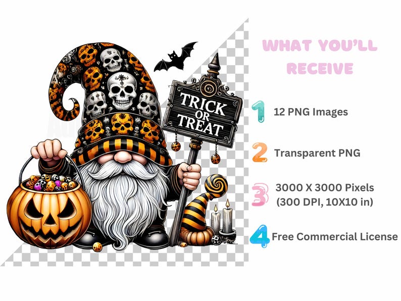 May include: A Halloween gnome with a black and orange hat decorated with skulls, holding a pumpkin bucket filled with candy. The gnome is standing next to a sign that says "Trick or Treat".
