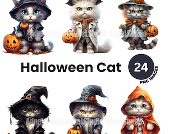 Halloween Cat Clipart - Halloween Clipart, Watercolor Halloween Kitten Clipart, Halloween Decoration Clipart, Junk Journal, Scrapbooking