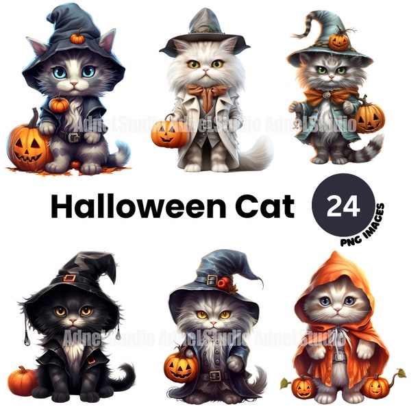 Halloween Katze Clipart - Halloween Clipart, Aquarell Halloween Kätzchen Clipart, Halloween Dekoration Clipart, Junk Journal, Scrapbooking