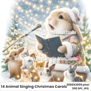 14 Clipart di canti natalizi di animali che cantano, adorabile stampa artistica natalizia, carino coro di animali clipart natalizi, animali del bosco che cantano canti natalizi
