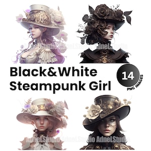 Watercolor Steampunk Women Clipart - Black and White Steampunk Women Bundle PNG, Steampunk Girl PNG, Floral Steampunk Victorian Clipart