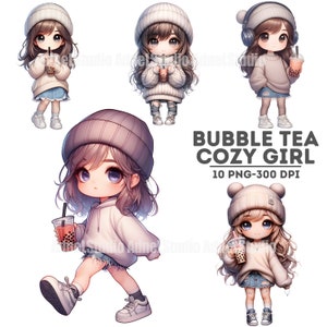 Aquarell Frühling gemütliches Mädchen Clipart, Bubble Tea Clipart, Chibi Mädchen Clipart, kleines Mädchen Aufkleber, Aquarell Frühling Clipart, Beanie PNG