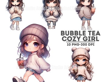 Watercolor Spring Cozy Girl Clipart, Bubble Tea Clipart, Chibi Girl Clipart, Little Girl Sticker, Watercolor Spring Clipart, Beanie Girl PNG