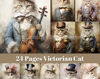 Puede incluir: Una colección de 24 páginas con gatos de época victoriana en diversas poses y atuendos. Los gatos se representan en un estilo caprichoso y encantador, con detalles intrincados y colores vibrantes. Cada página muestra una personalidad de gato única y un escenario particular, creando una experiencia encantadora y nostálgica.