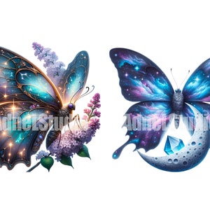 May include: Two colorful butterfly illustrations with celestial and galaxy designs. One butterfly is perched on a purple flower, while the other is holding a crescent moon with a blue crystal.