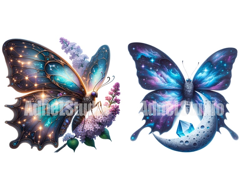 May include: Two colorful butterfly illustrations with celestial and galaxy designs. One butterfly is perched on a purple flower, while the other is holding a crescent moon with a blue crystal.