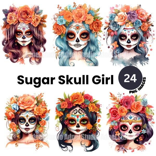 Sugar Skull Girl Clipart - Floral Sugar Skull Women Clipart, Clipart Dia de Los Muertos, Day of The Dead Clipart, Junk Journal, Scrapbooking