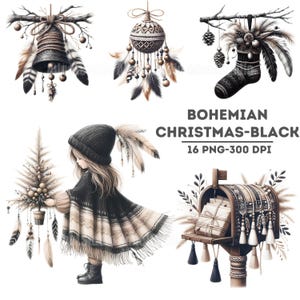 PNG de Navidad boho en negro, clipart de Navidad boho en negro, PNG de vacaciones en blanco y negro, clipart de vacaciones boho, scrapbooking de invierno boho