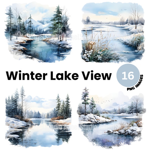 Winter Lake View Clipart - Watercolor Lake Clipart, Winter Landscape Clipart, Forest Junk Journal, Winter Tree Clipart, Digital Paper Craft