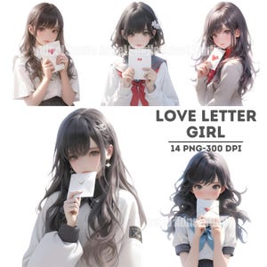 Carta de amor para menina, clipart de carta de amante, clipart de menina de anime, adesivos de menina de anime, clipart de menina japonesa, artesanato de carta de amante em aquarela