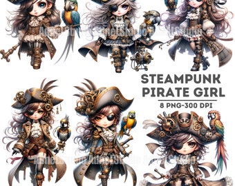 Watercolor Steampunk Pirate Girl Clipart, Steampunk Clipart, Steampunk Wall Decor, Steampunk Junk Journal, Victorian Steampunk Sublimation