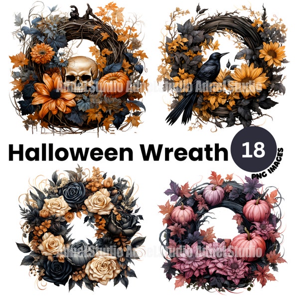 Halloween Wreath Clipart - Halloween Fall Wreath Clipart, Halloween Clipart, Halloween Skull Clipart, Halloween Junk Journal, Scrapbooking