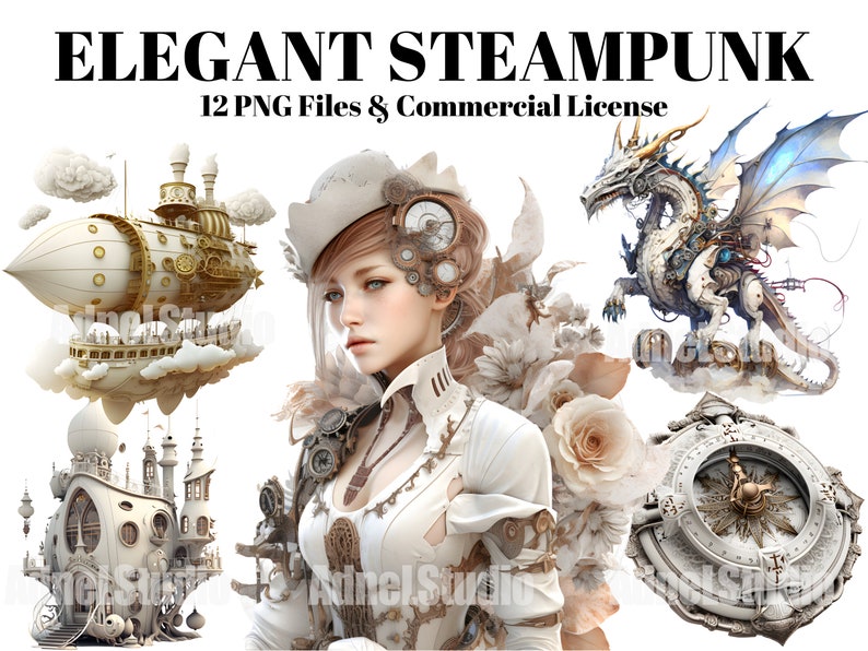 Akvarell elegant Steampunk Clipart - elegant fantasy Steampunk Ephemera Clipart, digital collage viktoriansk Steampunk PNG, fantasy Clipart bild 4