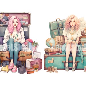 May include: Two women with pink and blonde hair are sitting on top of suitcases and other travel items. The woman on the left is wearing a white jacket, a blue shirt, and blue jeans. The woman on the right is wearing a white shirt with a gold necklace and a blue skirt. Both women are looking at the camera.