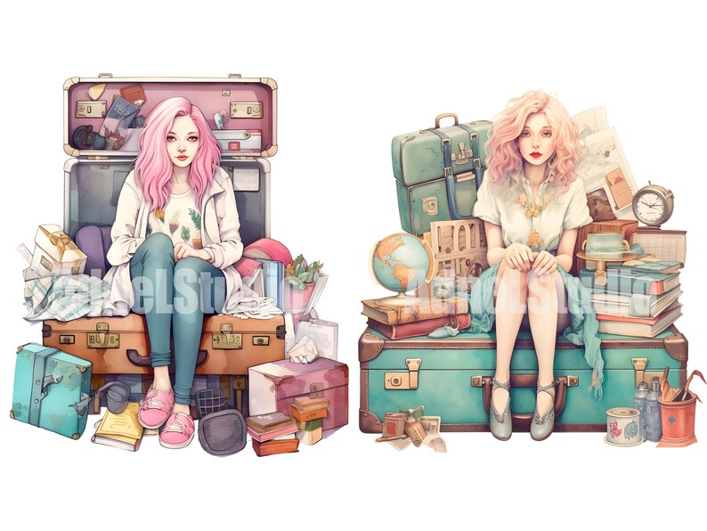 May include: Two women with pink and blonde hair are sitting on top of suitcases and other travel items. The woman on the left is wearing a white jacket, a blue shirt, and blue jeans. The woman on the right is wearing a white shirt with a gold necklace and a blue skirt. Both women are looking at the camera.