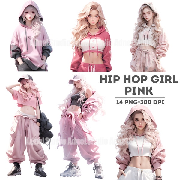 Pink Hip Hop Girl Clipart, Pink Fashion Dress Women Clipart, Anime Girl Sticker, Urban Fashion Girl Papercraft, Hip Hop Fashion Clipart