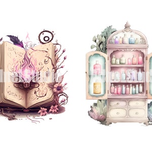 May include: An open antique book with a glowing pink flame and intricate illustrations surrounded by vines and flowers.  A vintage cabinet with glass doors and shelves filled with colorful bottles.