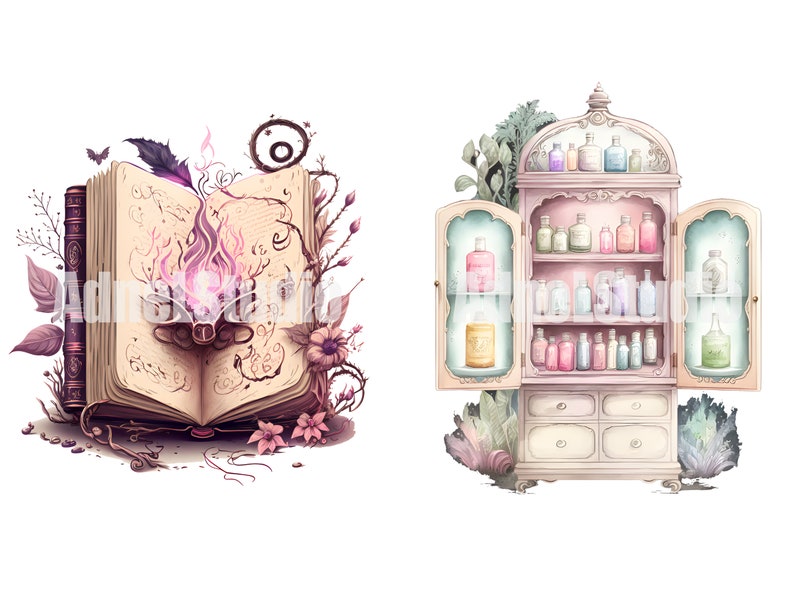 May include: An open antique book with a glowing pink flame and intricate illustrations surrounded by vines and flowers.  A vintage cabinet with glass doors and shelves filled with colorful bottles.