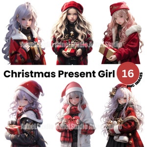 Christmas Girl Clipart - Christmas Gift Box Girl Clipart, Fashion Girl Papercraft, Winter Red Fashion Girl Scrapbooking, Anime Girl Sticker