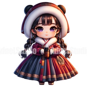 May include: A cartoon illustration of a young girl wearing a red hooded winter hat with white fur trim and a traditional Korean hanbok dress. She is holding a cup of hot beverage in her hands.