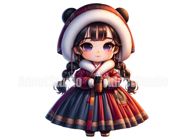 May include: A cartoon illustration of a young girl wearing a red hooded winter hat with white fur trim and a traditional Korean hanbok dress. She is holding a cup of hot beverage in her hands.