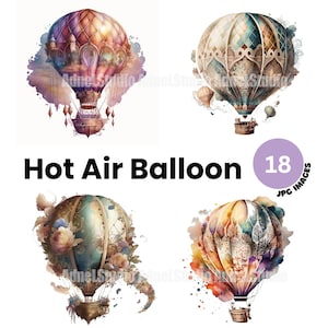 Clipart de balão de ar quente em aquarela - 12 clipart JPG de alta qualidade, colagem digital clipart de balão de ar quente em aquarela, artesanato em papel digital