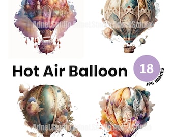 Watercolor Hot air balloon clipart - 12 High Quality JPG Clipart, Digital Collage Watercolor Hot air balloon clipart, Digital Paper Craft