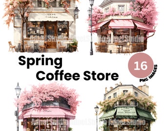 Watercolor spring coffee shop clipart -20 High Quality cafe PNG clipart, Collage spring cafe illustration, Digital Paper Craft, scrapbooking