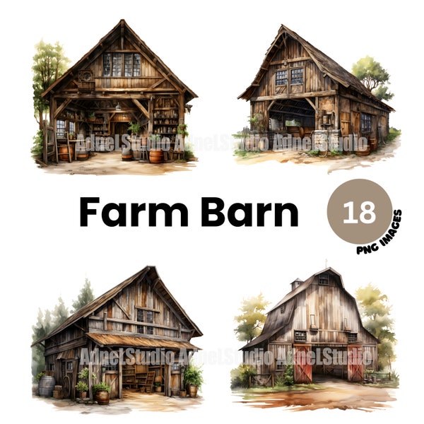 Watercolor Farm Barn Clipart - Cottagecore Clipart, Farmhouse Clipart, Rustic Farmhouse Clipart, Farm Life Clipart, Cottagecore Junk Journal