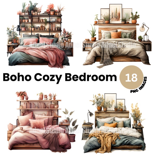 Watercolor Boho Bedroom Clipart - Cozy Bedroom Clipart, Vintage Cottagecore Clipart, Boho Junk Journal, Bedroom Interior, Scrapbooking