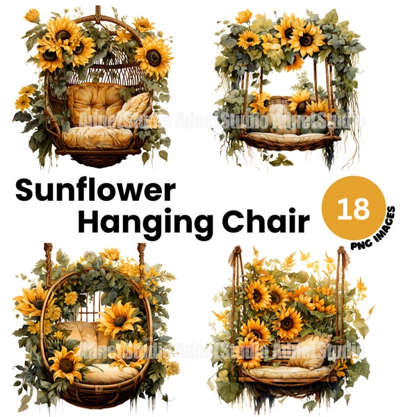 Sunflower Hanging Chair Clipart - Sunflower Clipart, Cozy Hanging Chair, Vintage Cottagecore Clipart, Sunflower Junk Journal, Paper craft