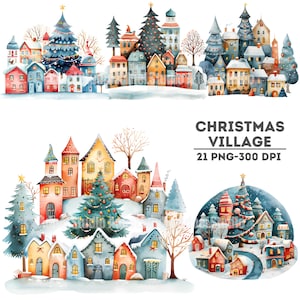 Weihnachtsdorf Aquarell Clipart, gemütliche Winterstadt Illustrationen, wunderliches Feiertagshaus, festliche Winterszene, festliches Feriendorf