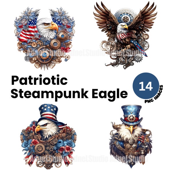 Watercolor patriotic steampunk eagle clipart, 4th of july eagle clipart, Digital collage Independence day steampunk png, USA flag with eagle