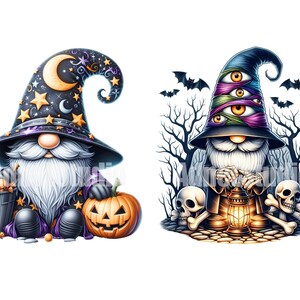May include: Two Halloween gnomes, one with a black and purple hat with stars and a crescent moon, holding a jack-o-lantern and a bucket of candy, and the other with a black hat with multiple eyes, holding a lantern and standing in front of a spooky forest.