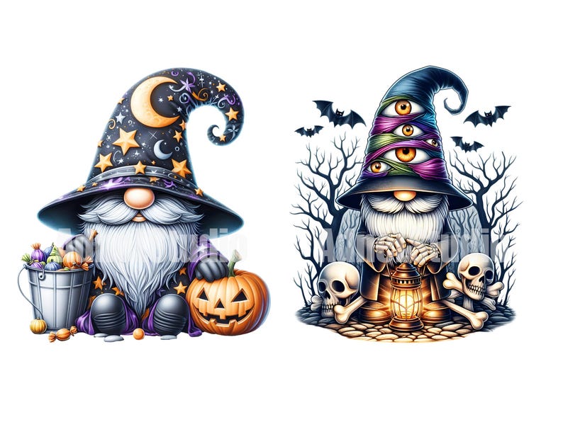 May include: Two Halloween gnomes, one with a black and purple hat with stars and a crescent moon, holding a jack-o-lantern and a bucket of candy, and the other with a black hat with multiple eyes, holding a lantern and standing in front of a spooky forest.