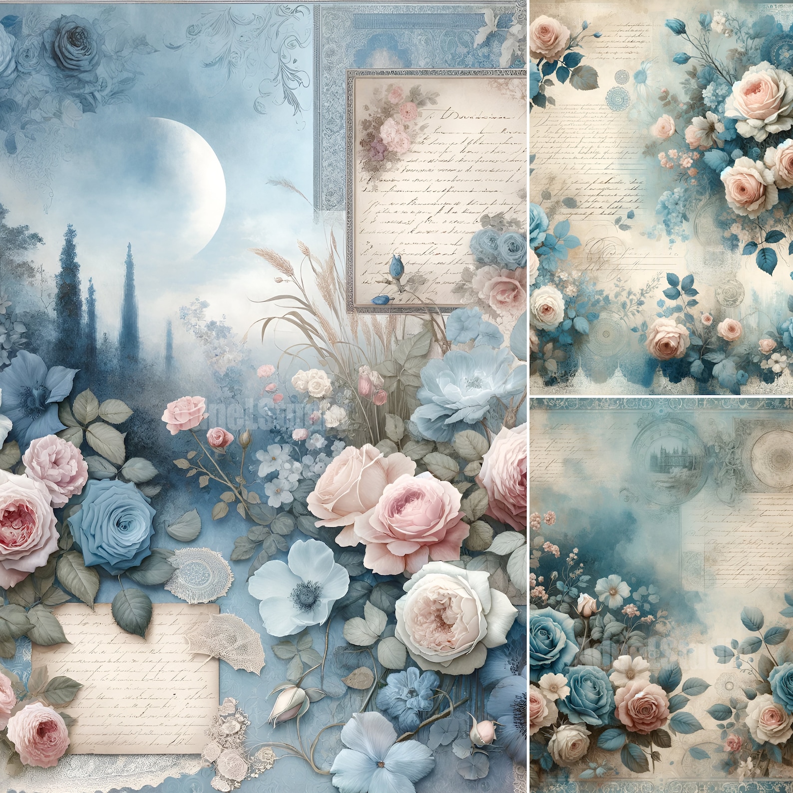 Vintage Blue Rose Junk Journal, Shabby Paper Roses, Vintage Victorian ...