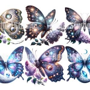 May include: Six colorful butterfly illustrations with galaxy-like patterns and celestial details. Each butterfly is perched on a branch with delicate purple flowers. The butterflies have a variety of colors, including blue, purple, pink, and gold.
