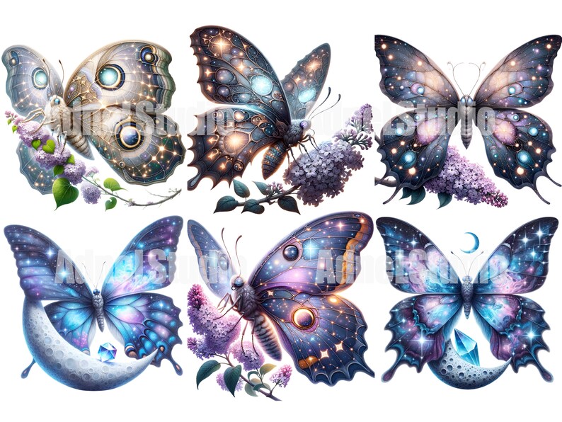May include: Six colorful butterfly illustrations with galaxy-like patterns and celestial details. Each butterfly is perched on a branch with delicate purple flowers. The butterflies have a variety of colors, including blue, purple, pink, and gold.