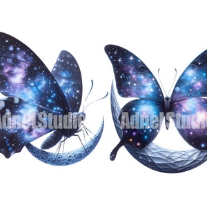 May include: Two black butterflies with galaxy-like patterns on their wings. One butterfly is perched on a crescent moon, while the other is in flight.