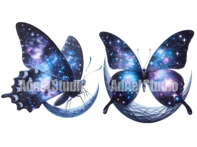May include: Two black butterflies with galaxy-like patterns on their wings. One butterfly is perched on a crescent moon, while the other is in flight.