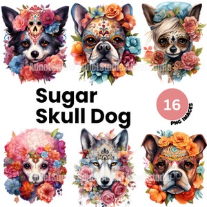 Sugar Skull Dog Clipart - Floral Sugar Skull Dog numérique, Clipart Dia de Los Muertos, le jour des morts, Clipart Halloween mexicain
