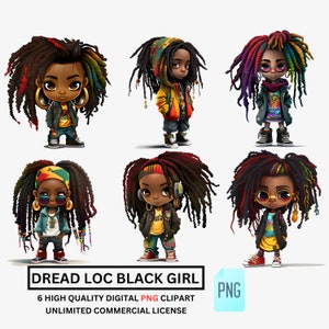 Dread Loc Black Girl PNG, Black Hip Hop Girl Doll PNG, Black Chibi Girl Clipart, African American Black Girl Clipart, Colorful DreadLock PNG