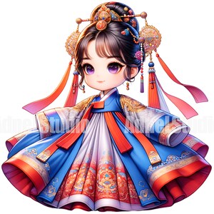 May include: A young girl wearing a traditional Korean hanbok dress with a blue and red patterned skirt and a white top. She has a black hair with a gold and red hair ornament.