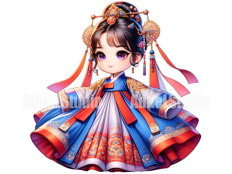 May include: A young girl wearing a traditional Korean hanbok dress with a blue and red patterned skirt and a white top. She has a black hair with a gold and red hair ornament.