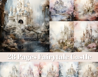 May include: A digital collage of 28 pages featuring a fairytale castle in various settings. The castle is white with blue accents and is surrounded by trees, flowers, and a river. The pages are perfect for scrapbooking, card making, and other creative projects.