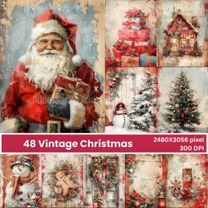 Vintage Christmas Junk Journal, Vintage Holiday Digital Art, Festive Holiday Decor Prints, Santa Claus, Snowman, and Christmas Tree Art