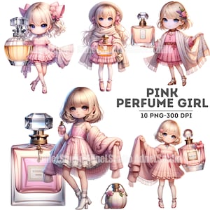 Watercolor Perfume Girl Clipart, Pink Cozy Dress Girl Clipart, Perfume Sublimation, Anime Girl Stickers, Cute Pink Fashion Girl Clipart
